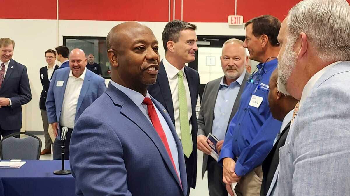 U.S. Sen. and presidential candidate Tim Scott speaks at a roundtable event in Duncan, S.C., on Friday, September 15, 2023. The event included just two Black voters amid a group of white supporters.