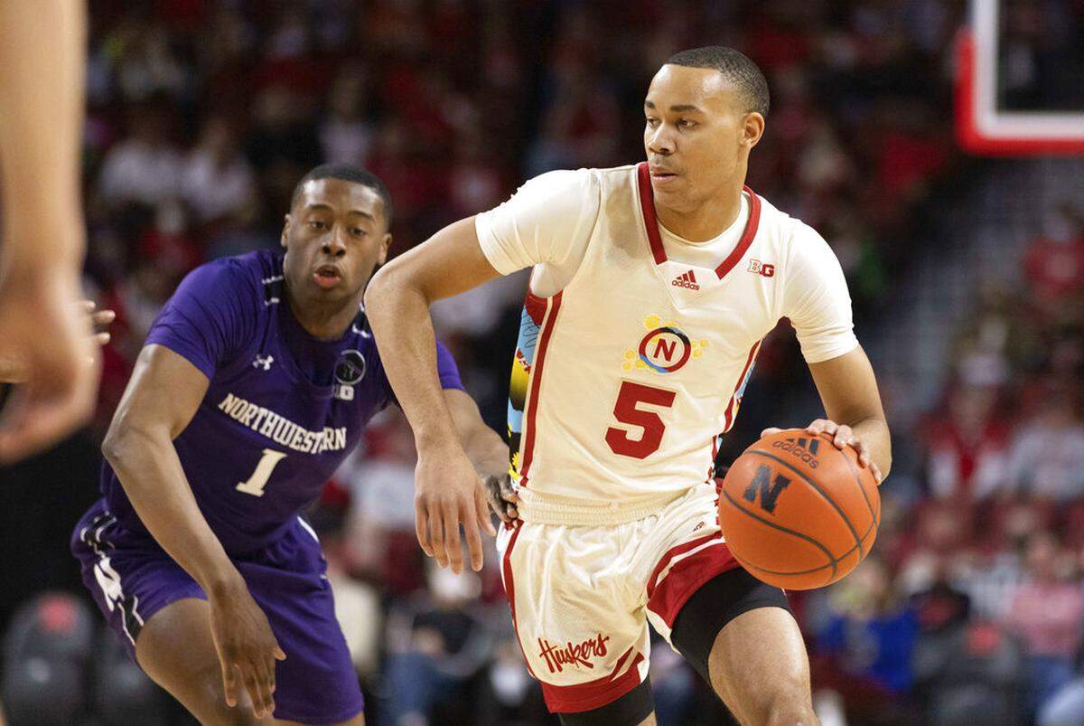 Nebraska’s Bryce McGowens (5) was the Charlotte Hornets’ second-round pick Thursday night. He will likely spend a good deal of time developing in the G League in his first season.