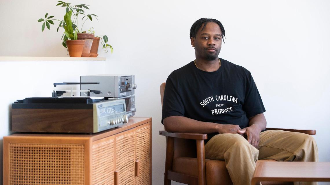 Ashanti Thomas, the owner of SWIFF, in his new store in Five Points on Thursday, February 24, 2022. He also sells his high-end clothing at Soda City Market.