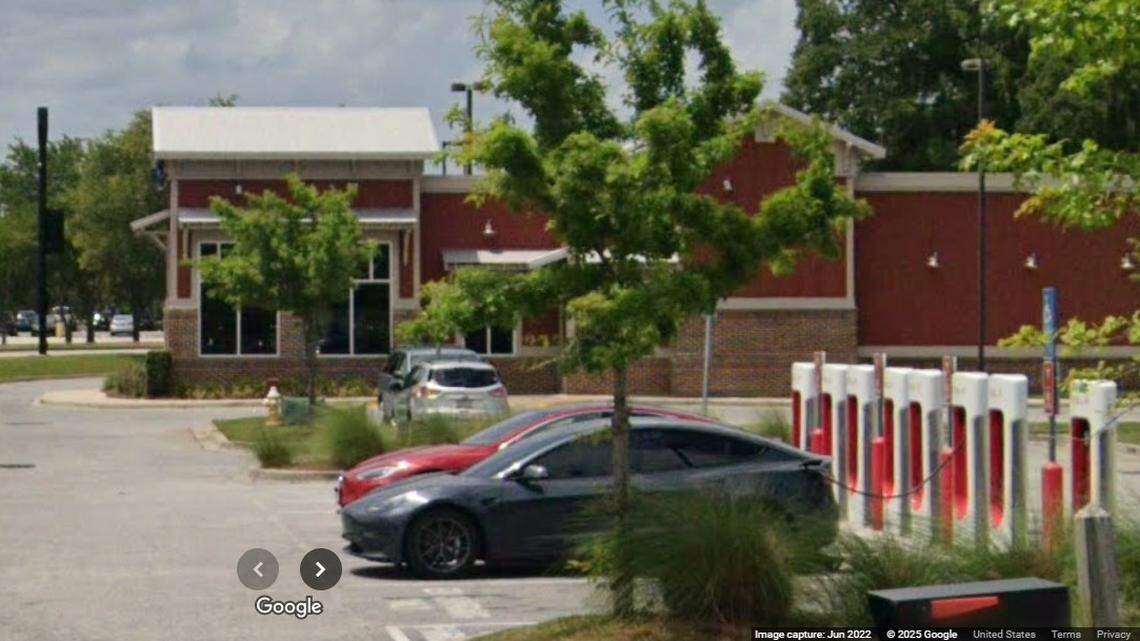 A man set three Tesla charging stations on fire outside of a restaurant in South Carolina, police said.