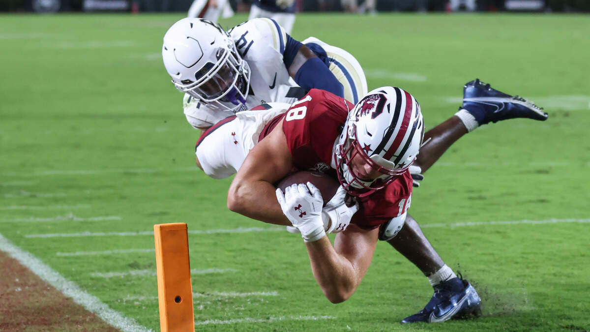 South Carolina tight end Connor Cox (18) dives in for a touchdown as Akron safety Noel Roach (14) defends during the second half of the Gamecocks’ game against Akron in Columbia on Saturday, September 21, 2024.