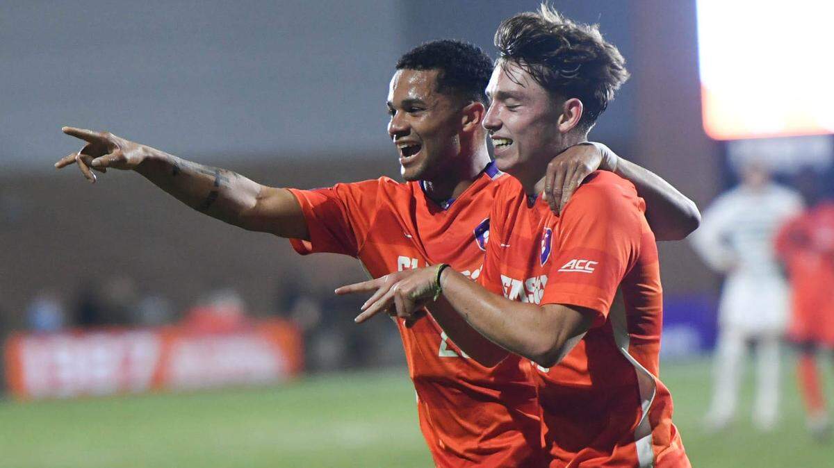 Clemson defender Arthur Duquenne celebrates his goal with teammate Clemson defender Shawn Smart during the second half of action with Charlotte, round of 32 NCAA Men’s Soccer Championships, at Historic Riggs Field in Clemson, S.C. Sunday, November 19, 2023. Clemson won 3-0 and advance to the sweet 16.