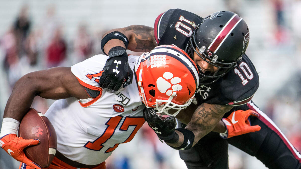 South Carolina defensive back R.J. Roderick (10) tackles Clemson wide receiver Cornell Powell (17) during the second half of an NCAA college football game Saturday, Nov. 30, 2019, in Columbia, S.C. Clemson defeated South Carolina 38-3. (AP Photo/Sean Rayford)
