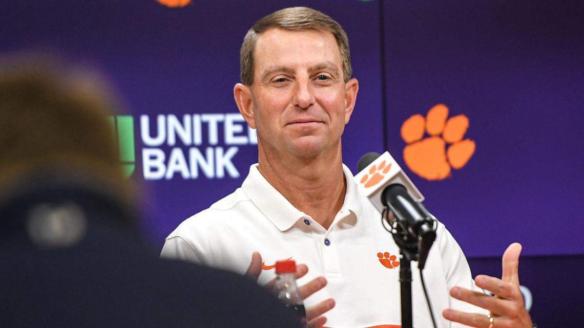 Clemson head coach Dabo Swinney speaks in the Smart Family Media Center at the Smart Family Media Center at the Poe Indoor Practice Facility in Clemson, S.C. Tuesday, Oct 24, 2023.