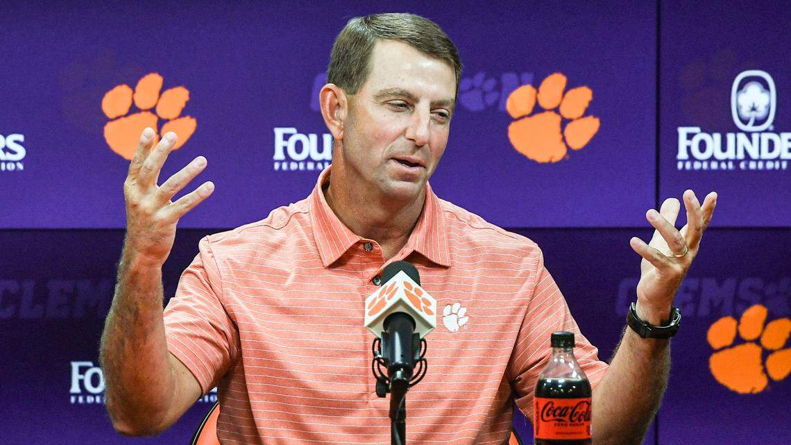 Clemson football Head Coach Dabo Swinney speaks during a press conference at the Smart Family Media Center in Clemson, S.C. Tuesday, August 27, 2024.