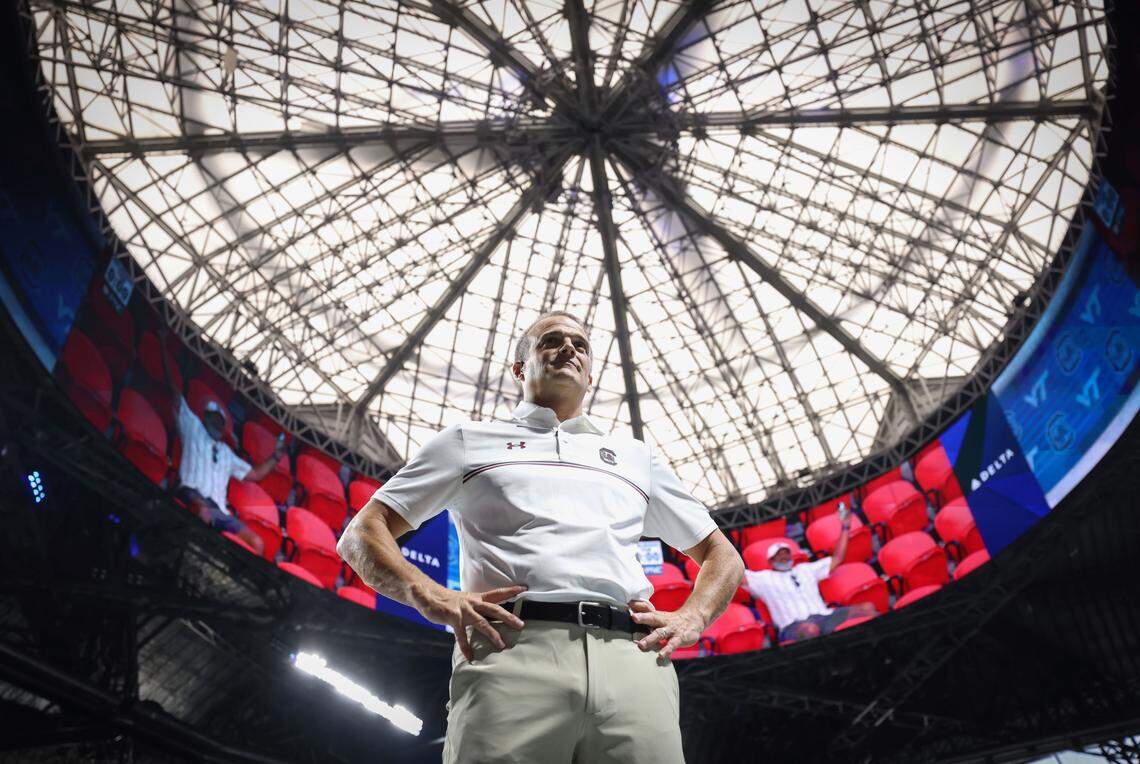 South Carolina coach Shane Beamer during warmups Sunday at Mercedes-Benz Stadium.