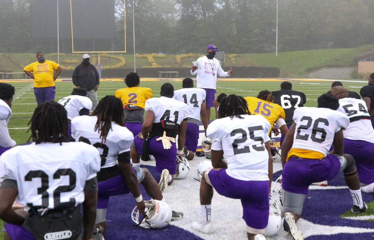 Benedict College Football Coach Chennis Berry talks to his team after practice at Charles W. Johnson Stadium on Wednesday, Oct. 21, 2020.