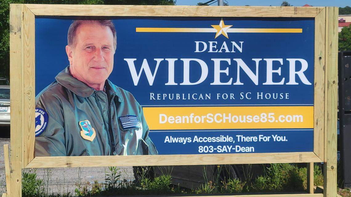 Dean Widener, a Republican candidate challenging Jay Kilmarter in SC House District 85, appears on a campaign placard in an old U.S. Air Force flight jacket.