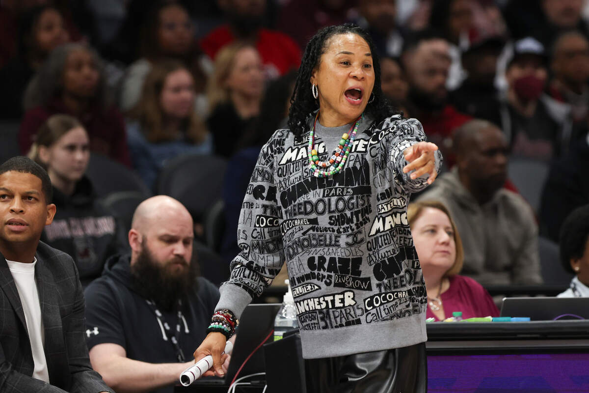 University of South Carolina Head Coach Dawn Staley reacts to a call during the first half of her team’s 71-57 win over N.C. State Sunday.