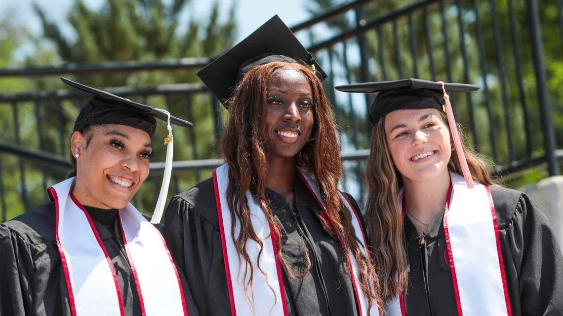 Graduating seniors from the University of South Carolina Womens basketball team, including, Victaria Saxton, from left, Laeticia Amihere and Elysa Wesolek pose for a portrait on Thursday, May, 5, 2022.