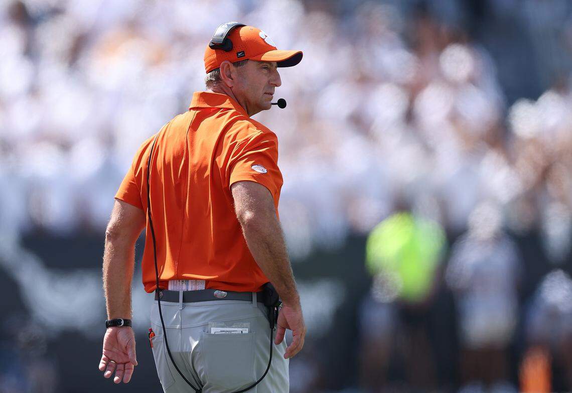 Head coach Dabo Swinney of the Clemson Tigers looks on during the first quarter of the game between the Clemson Tigers and Georgia Tech Yellow Jackets at Bobby Dodd Stadium on September 13, 2025 in Atlanta.