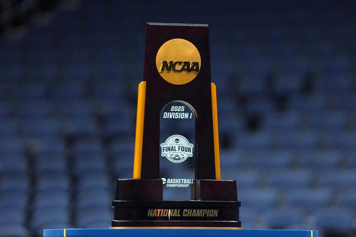 Apr 3, 2025; Tampa, FL, USA; The 2025 NCAA Women’s Final Four team champion trophy at Amalie Arena.