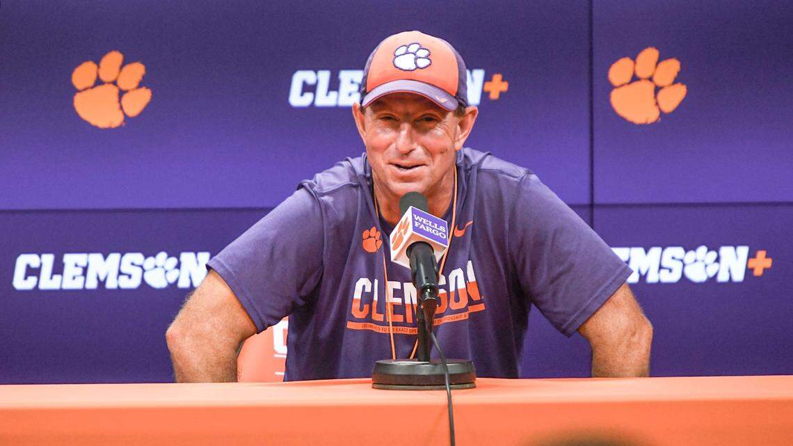 Clemson head coach Dabo Swinney speaks in the Smart Family Media Center after practice at the Poe Indoor Facility in Clemson, S.C. Wednesday, August 9, 2023.