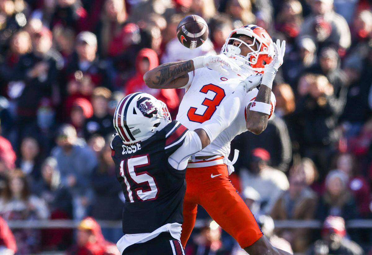 South Carolina cornerback Brandon Cisse (15) breaks up a pass intended for Clemson wide receiver Tristan Smith (3) during the second half of South Carolina’s game against Clemson at Williams-Brice Stadium in Columbia on Saturday, November 29, 2025.