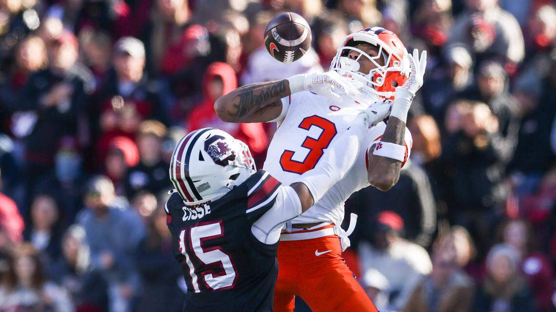 South Carolina cornerback Brandon Cisse (15) breaks up a pass intended for Clemson wide receiver Tristan Smith (3) during the second half of South Carolina’s game against Clemson at Williams-Brice Stadium in Columbia on Saturday, November 29, 2025.