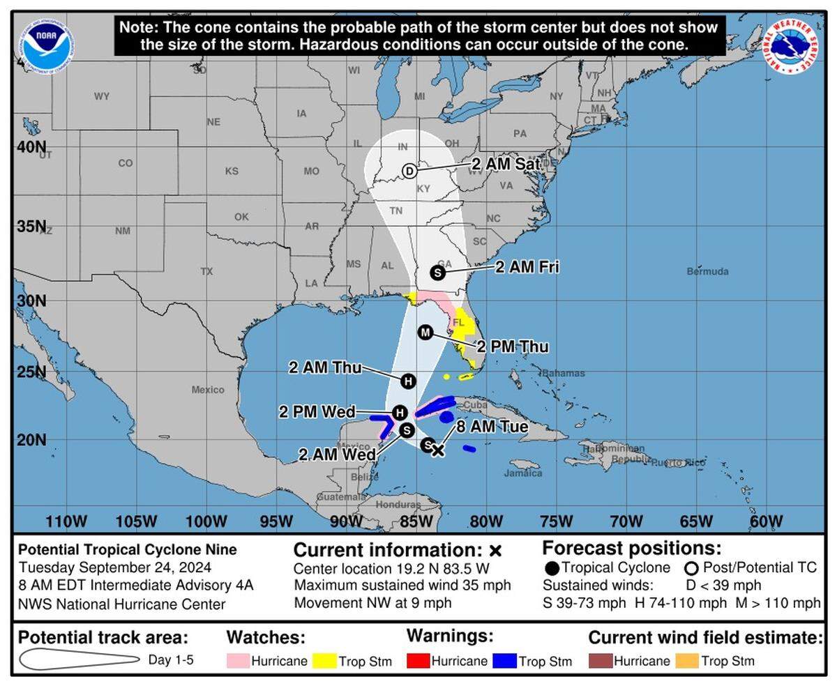 A map showing the projected path of a potential tropical storm and hurricane.