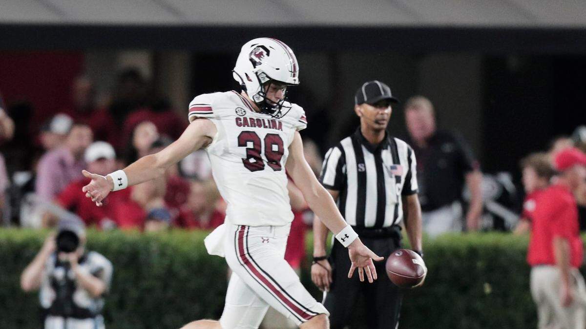 South Carolina Gamecocks punter Kai Kroeger (39) kicks to Georgia at Sanford Stadium on Saturday, September 18, 2021.