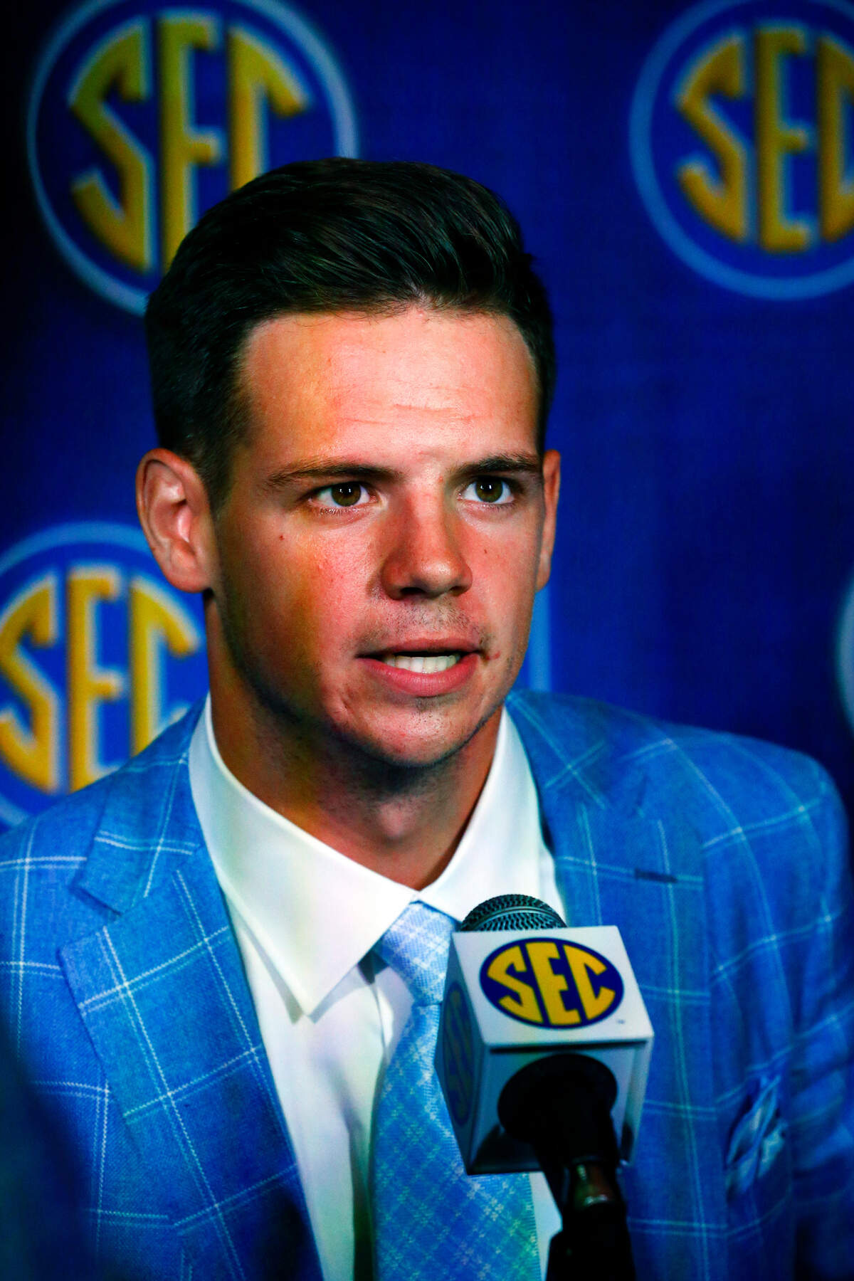 South Carolina quarterback Jake Bentley speaks to reporters during the NCAA college football Southeastern Conference Media Days, Wednesday, July 17, 2019, in Hoover, Ala.