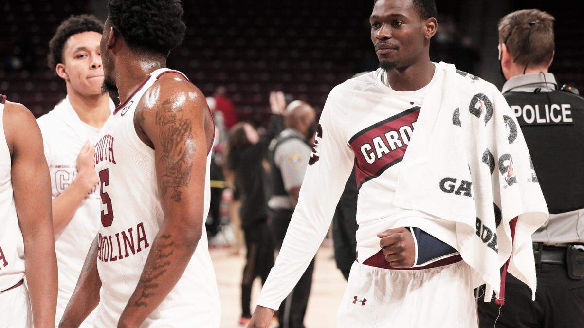 South Carolina’s Keyshawn Bryant’s arm is in a sling after his team plays Auburn on Tuesday, January 4, 2023.