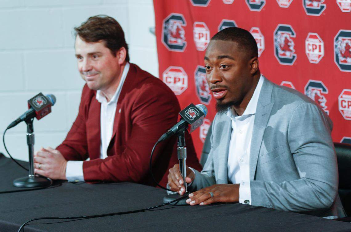 Marcus Lattimore speaks during a 2018 press conference where it was announced he will be joining the University of South Carolina football staff.