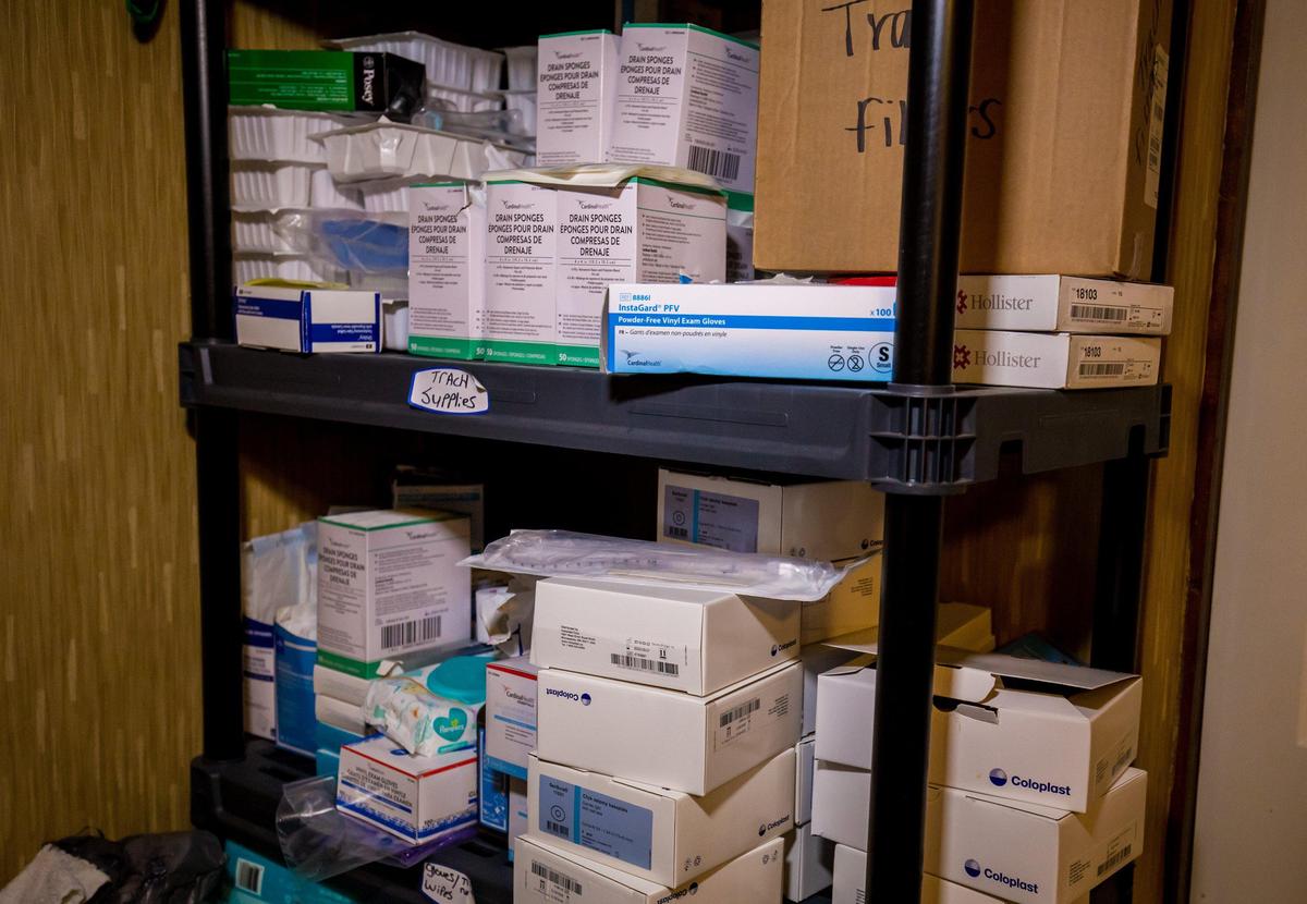 Shelves of medical supplies for Jodie Roberts. She is in a vegetative state after being without oxygen for roughly twenty minutes while giving birth to her son in July 2018.
