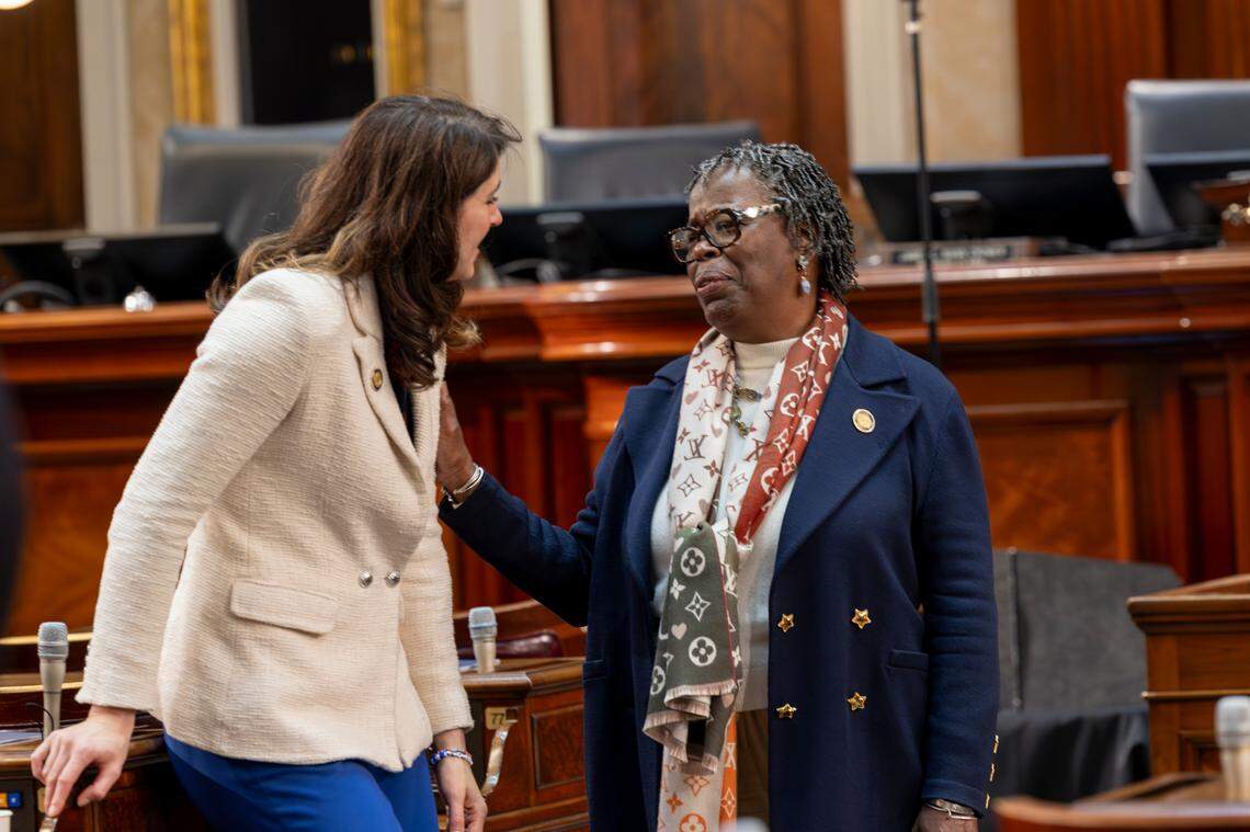 State Representatives Heather Bauer and Gilda Cobb Hunter confer proper to S.C. Gov. Henry McMaster’s State of the State address during a joint session of the legislative delegation on Wednesday Jan. 29, 2025.