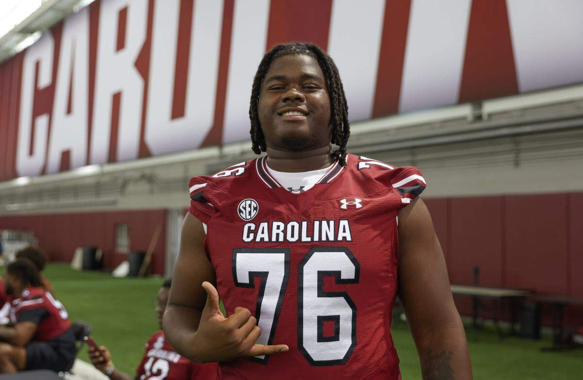South Carolina offensive lineman Torricelli Simpkins III (76) is seen during media day in Columbia on Thursday, August 1, 2024.