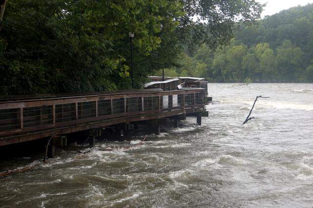 Water levels at the entrance to the Saluda Riverwalk were visibly up Aug. 6, 2024.