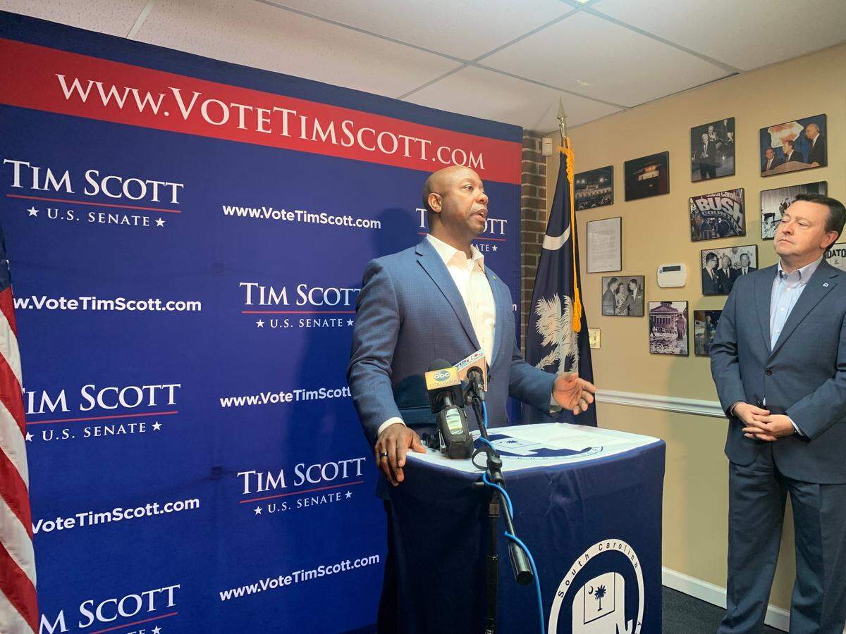 U.S. Sen. Tim Scott, R-S.C. speaks at the South Carolina Republican Party offices after filing to run for reelection on Friday, March 18.