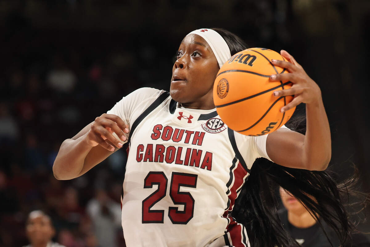 University of South Carolina's Raven Johnson (25) drives to the basket during the first half of action against Anderson at the Colonial Life Arena on Friday Oct. 24, 2025.