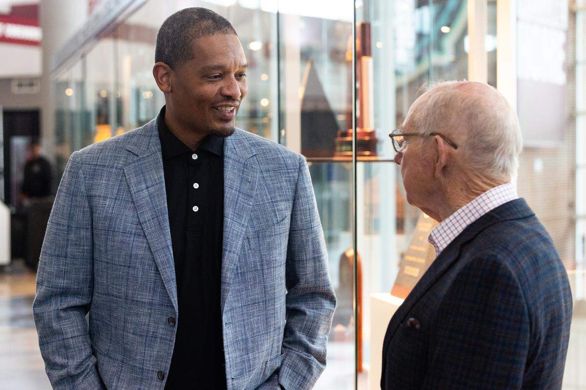 South Carolina head men’s basketball coach Lamont Paris speaks with former coach Dave Odom during a reception at Colonial Life Arena on Saturday, May 2, 2026.