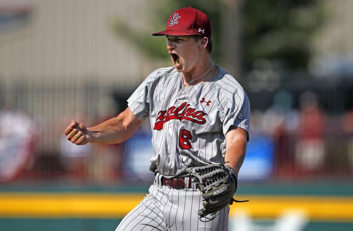 South Carolina pitcher Clarke Schmidt (6) reacts after a strikeout against Oklahoma State in the NCAA Tournament super regional series at Founders Park in Columbia, SC, Sunday, June 12, 2016.