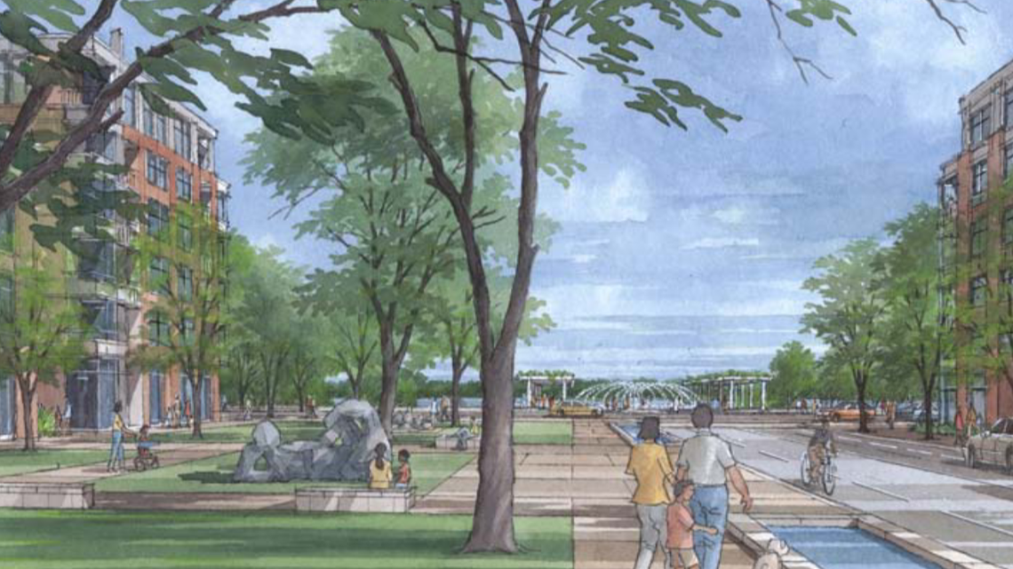 A rendering for what the West end of Greene Street could look like if plans for a vibrant waterfront district and park came to fruition.