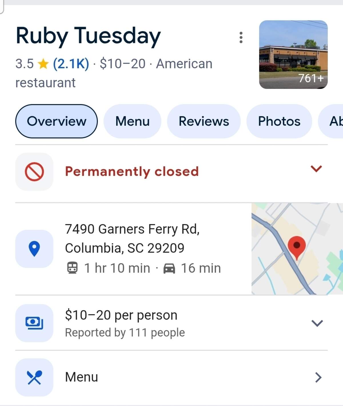A Google listing marks the Ruby Tuesday on Garners Ferry Road in Columbia as closed.