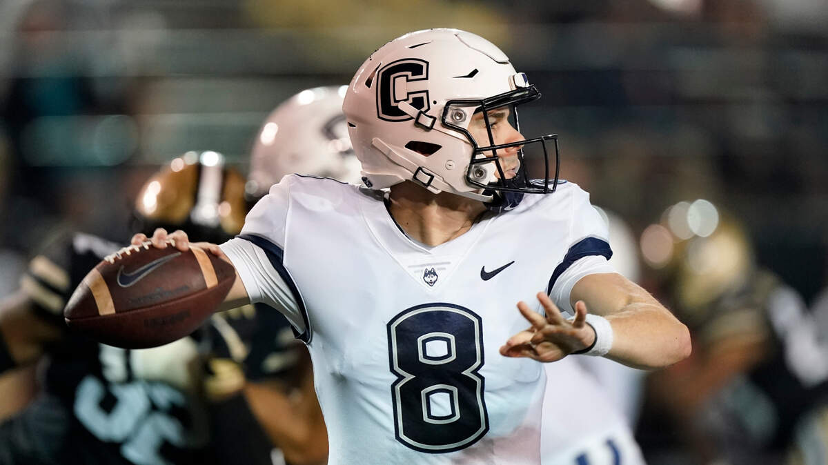 Connecticut quarterback Steven Krajewski passes against Vanderbilt in the first half of an NCAA college football game Saturday, Oct. 2, 2021, in Nashville, Tenn. (AP Photo/Mark Humphrey)
