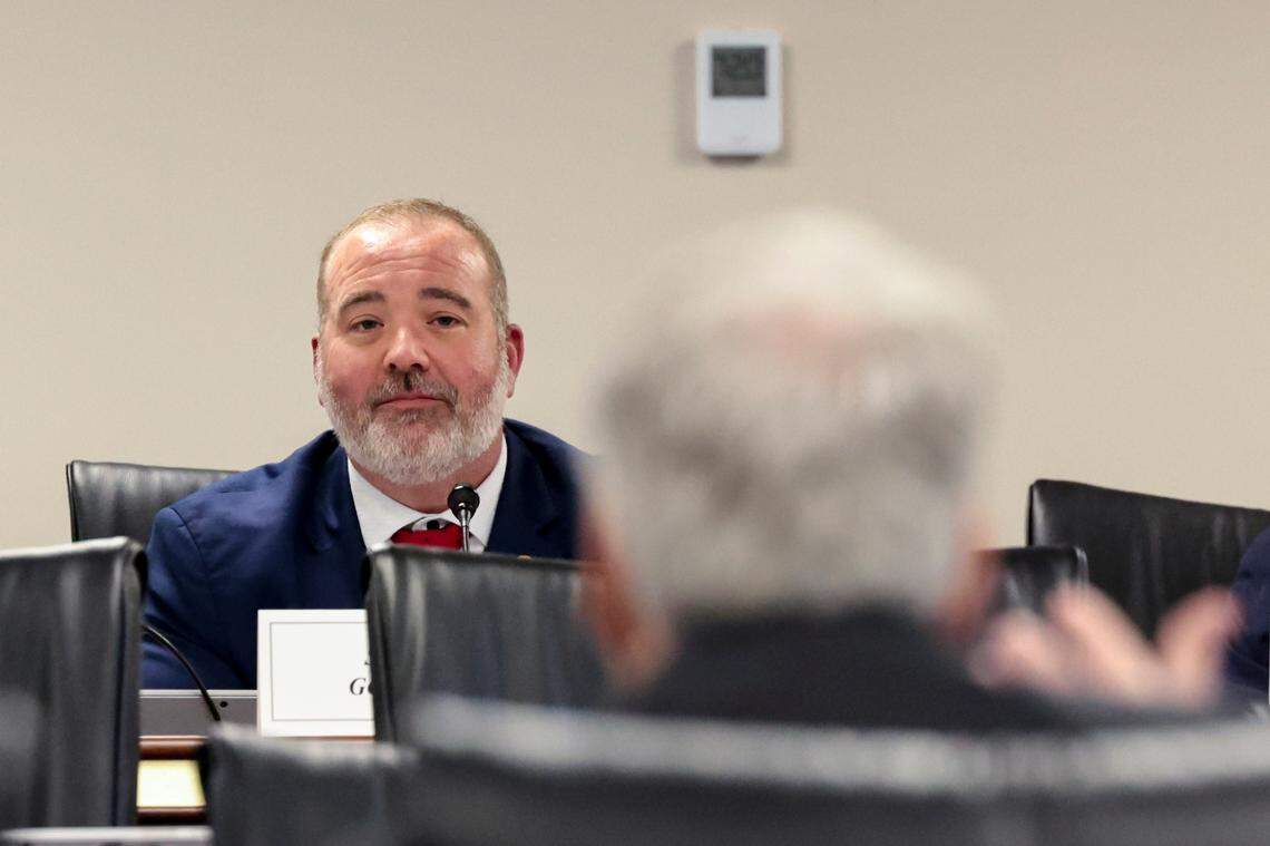 State Sen. Stephen Goldfich, R-Georgetown, listens as South Carolina treasurer Curtis Loftis speaks during a senate finance sub-committee on Thursday, Feb. 27, 2025.