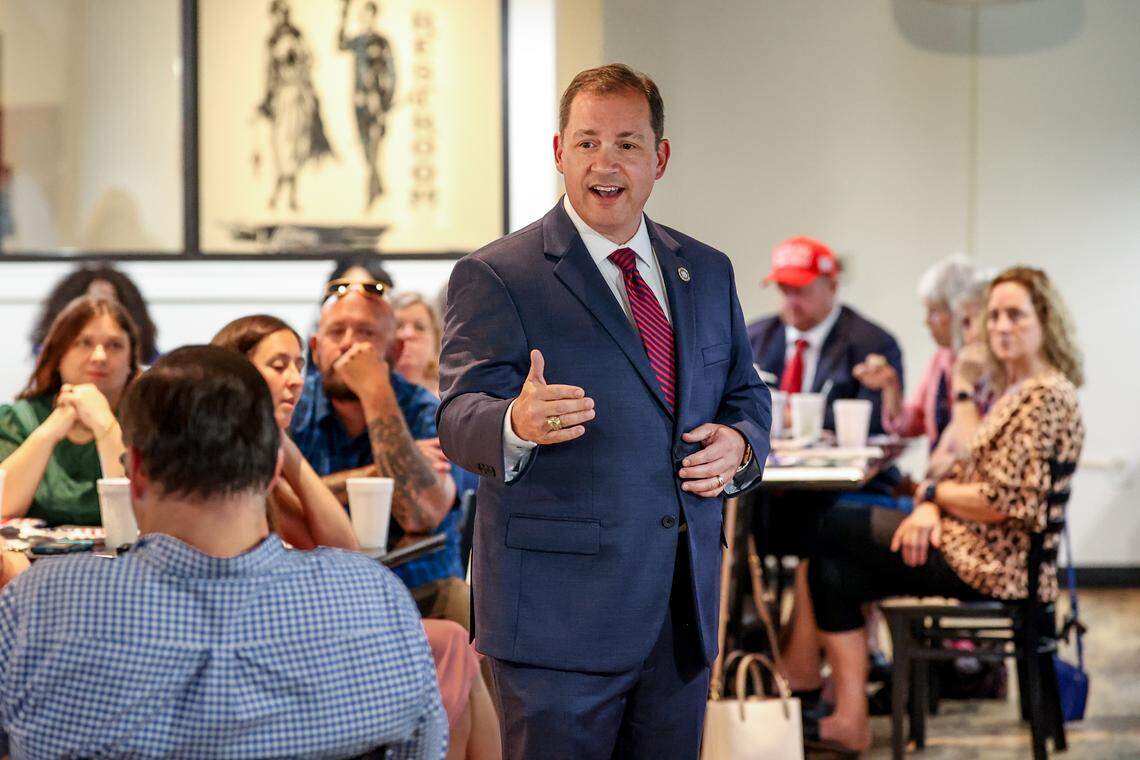 David Pascoe speaks at a meeting of the Richland County GOP at Tiffany’s on Monday, June 30, 2025.