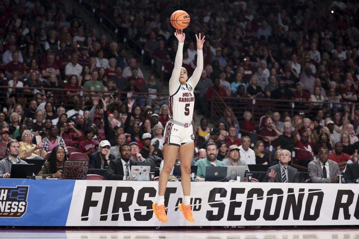 South Carolina's Tessa Johnson (5) shoots a three during the first half of action of their women's basketball game against University of Southern California in the first round game of the NCAA Tournament at Colonial Life Arena on Monday, March 23, 2026.