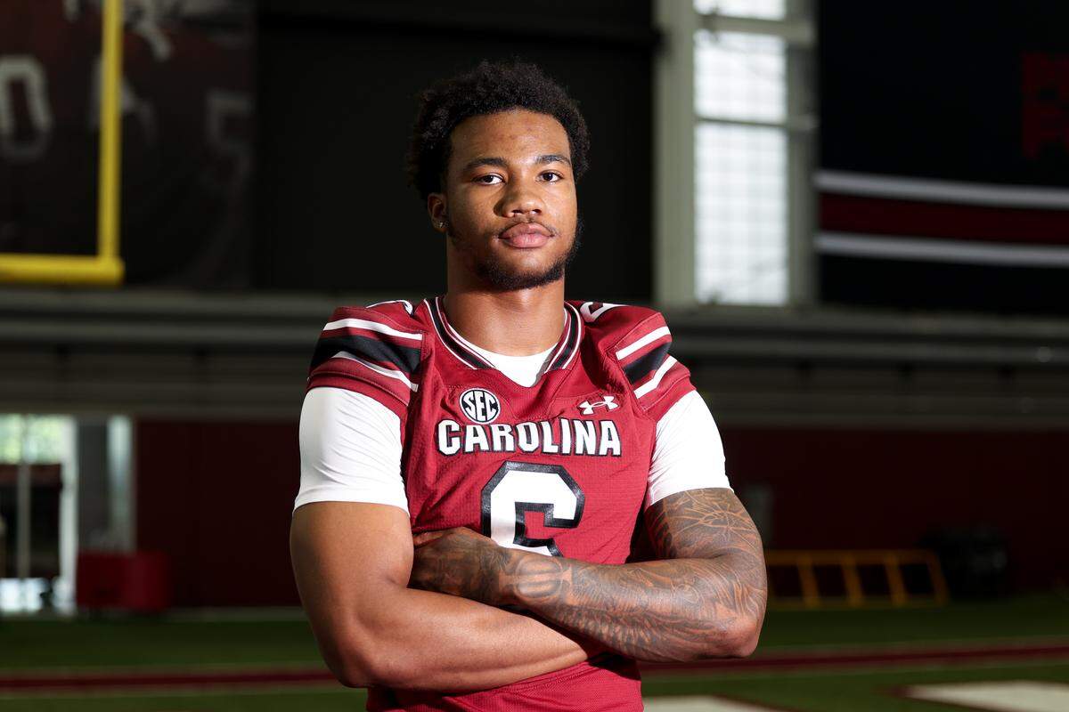 Dylan Stewart during media day for the University of South Carolina football team inside the Jerri and Steve Spurrier indoor practice facility.