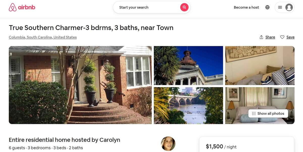 This screenshot shows an AirBnB rental in the Columbia area.
