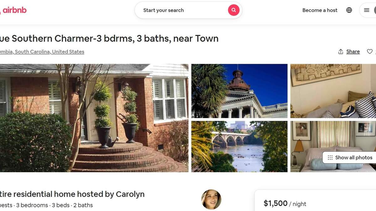 This screenshot shows an Airbnb rental in the Columbia area.