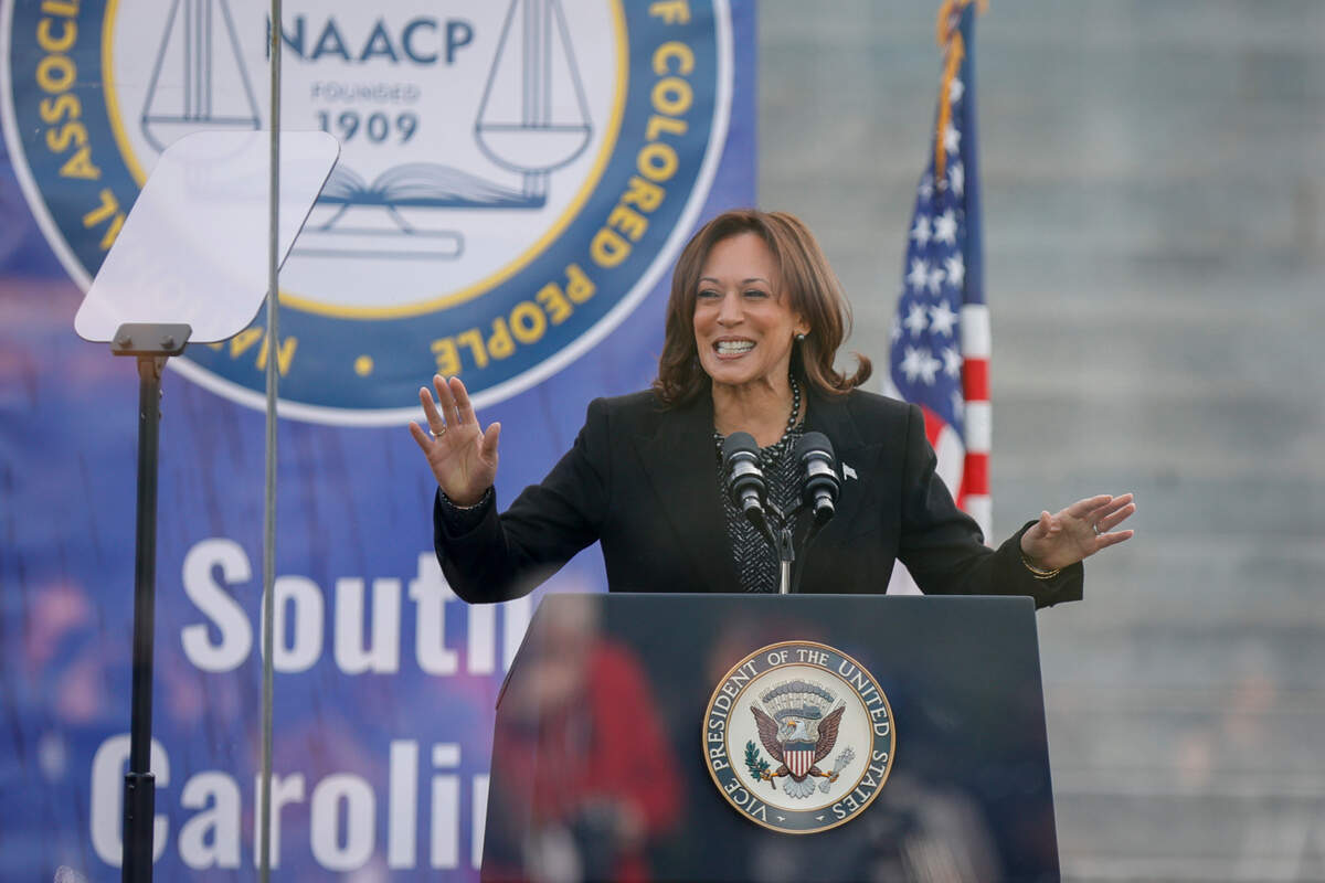 Vice President Kamala Harris speaks to a crowd gathered at the South Carolina State House on Monday Jan.15, 2024.