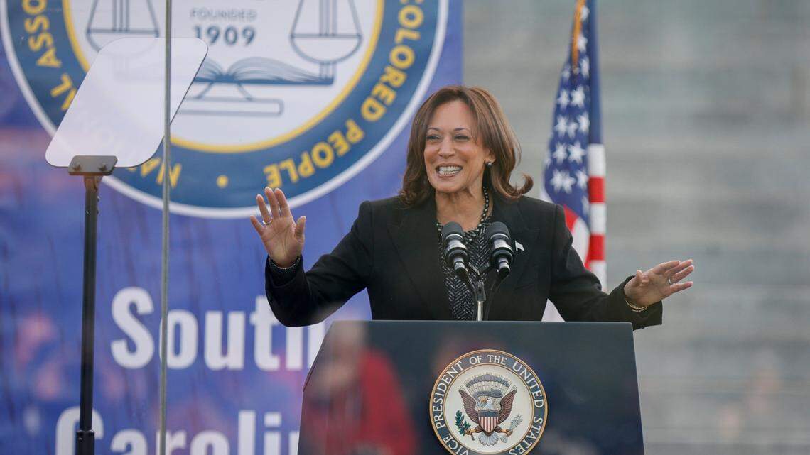 Vice President Kamala Harris speaks to a crowd gathered at the South Carolina State House on Monday Jan.15, 2024.