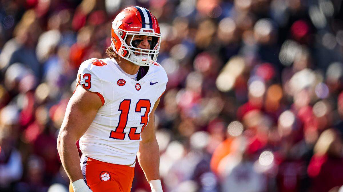 Will Heldt #13 of the Clemson Tigers reacts after a play during the first half of a football game against the South Carolina Gamecocks at Williams-Brice Stadium on November 29, 2025 in Columbia, South Carolina.