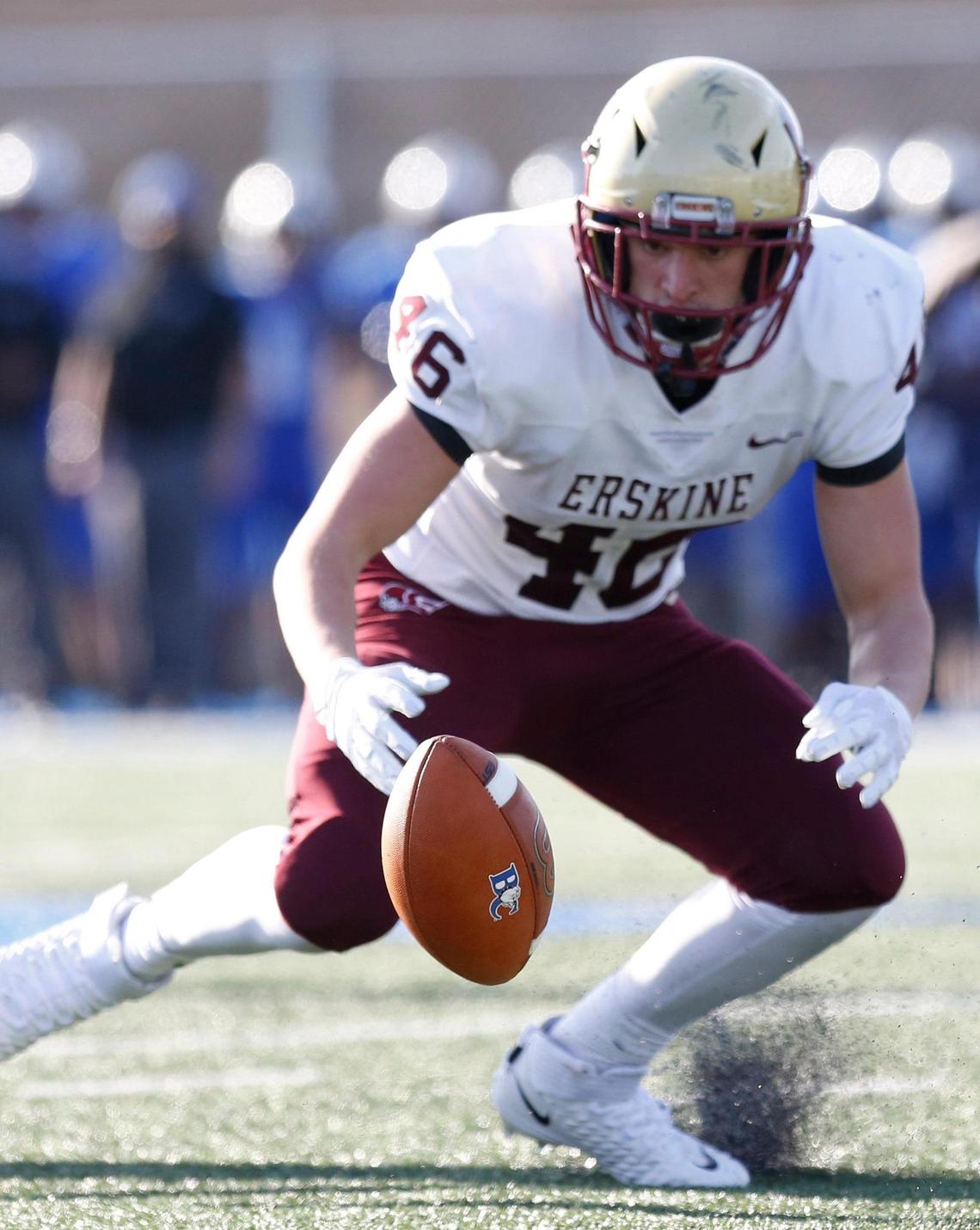 Erskine linebacker Jackson Osburne (46) goes after a fumble in the third quarter of the game.