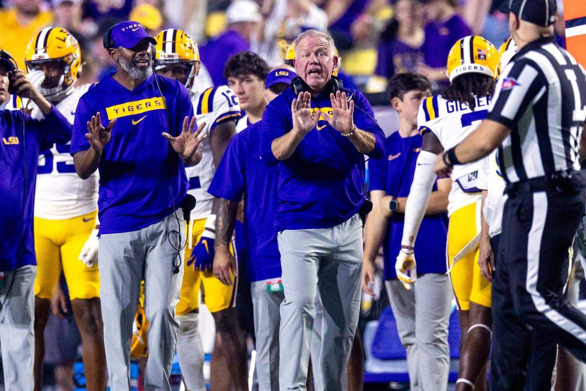 LSU Tigers head coach Brian Kelly reacts to a play against the Nicholls State Colonels during the second half at Tiger Stadium. 