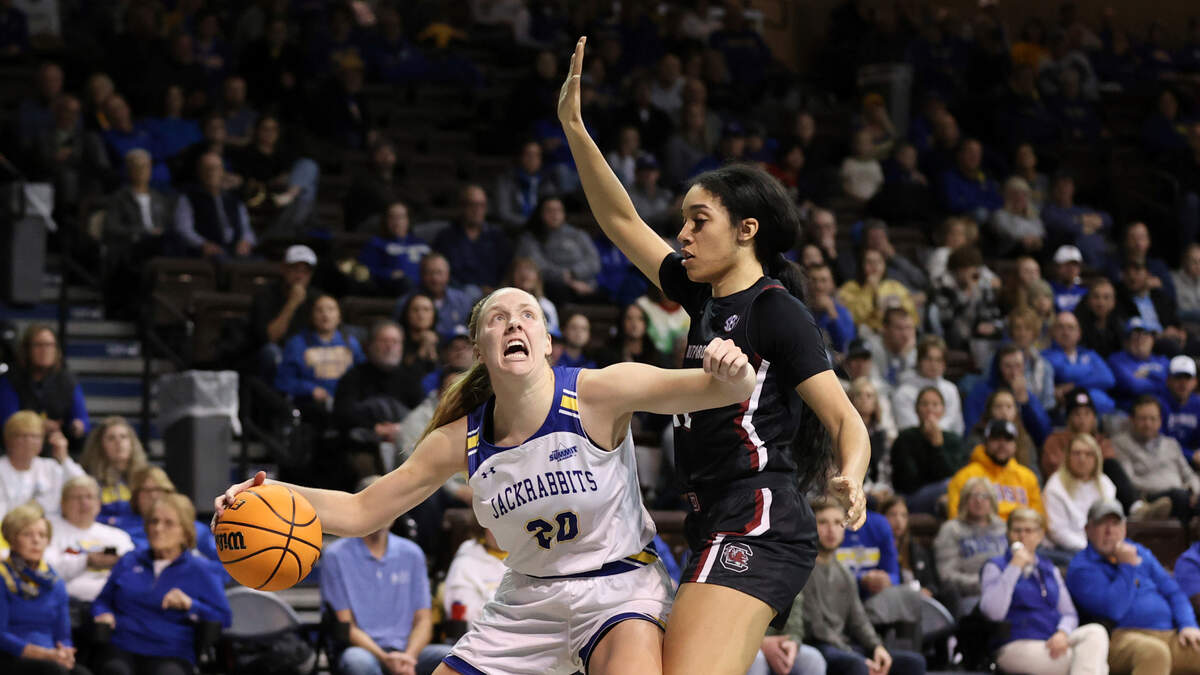 South Dakota State guard Tori Nelson (2) drives the hoop against South Carolina during NCAA college basketball game in Sioux Fall, S.D., on Thursday, Dec 15, 2022. (AP Photo/Josh Jurgens)