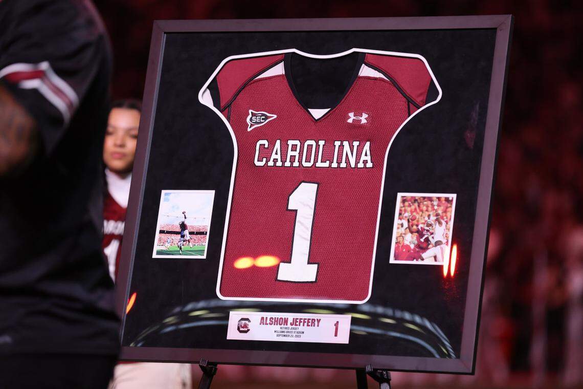 South Carolina wide receiver great Alshon Jeffery has his jersey retired on Saturday, Sept. 23, 2023.
