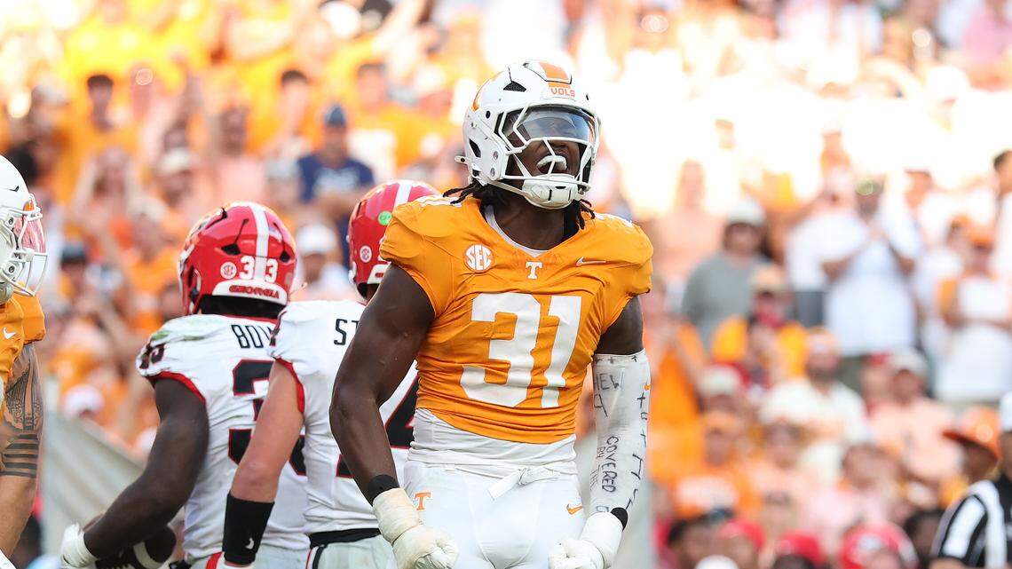 Caleb Herring #31 of the Tennessee Volunteers celebrates against the Georgia Bulldogs on September 13, 2025.
