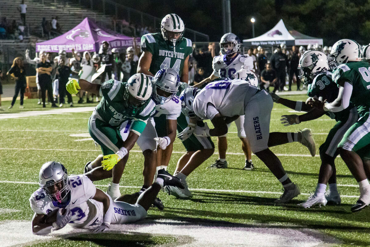 Ridge View Blazers running back Spencer Bobian (23) dives for a touchdown during a game at Dutch Fork High School on Friday, Sept. 5, 2025.